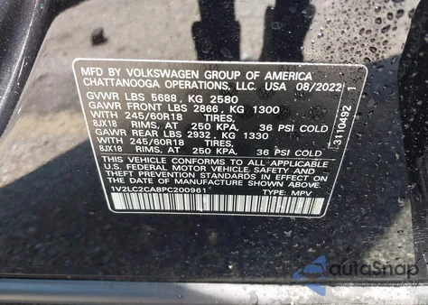 2023 Volkswagen Atlas Cross Sport 2.0T Se z USA, uszkodzony, nr VIN 1V2LC2CA8PC200961